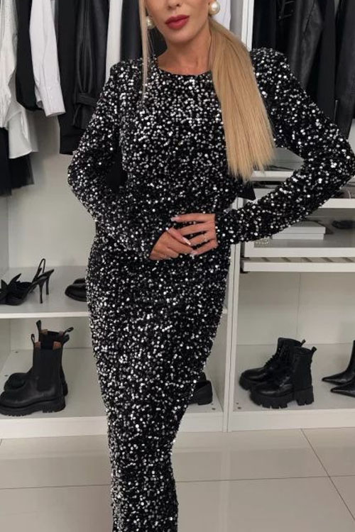 Nonnadress  Round neck solid color sequin mid-waist long dress