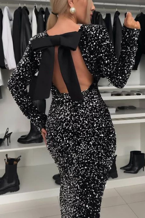 Nonnadress  Round neck solid color sequin mid-waist long dress