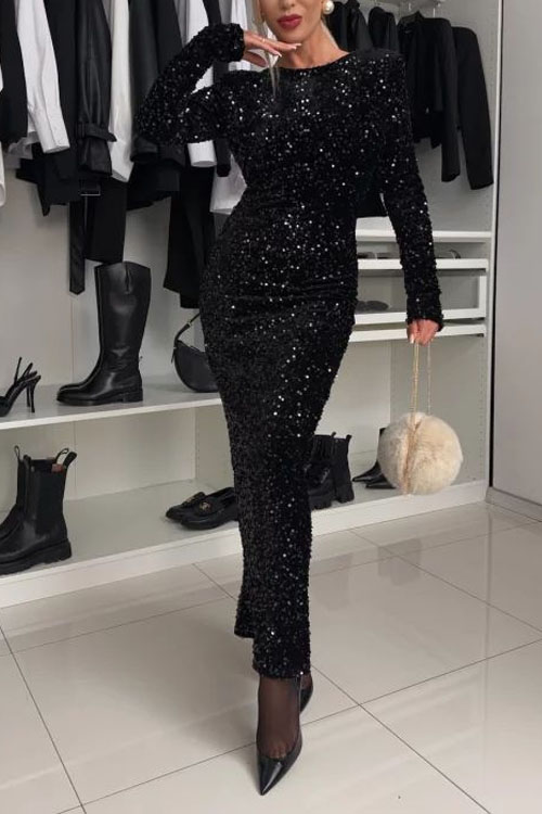 Nonnadress  Round neck solid color sequin mid-waist long dress