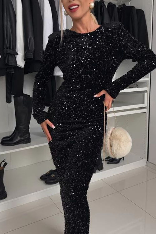 Nonnadress  Round neck solid color sequin mid-waist long dress