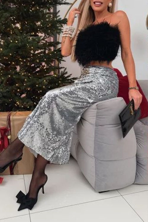 Nonnadress  Sequined high-waisted straight long skirt with hip-hugging skirt