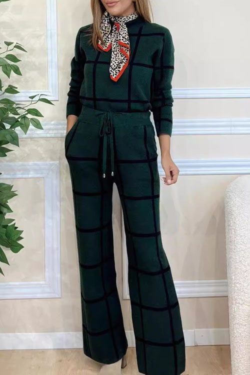 Nonnadress  Solid color high collar long sleeve plaid printed trousers suit
