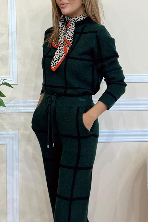 Nonnadress  Solid color high collar long sleeve plaid printed trousers suit