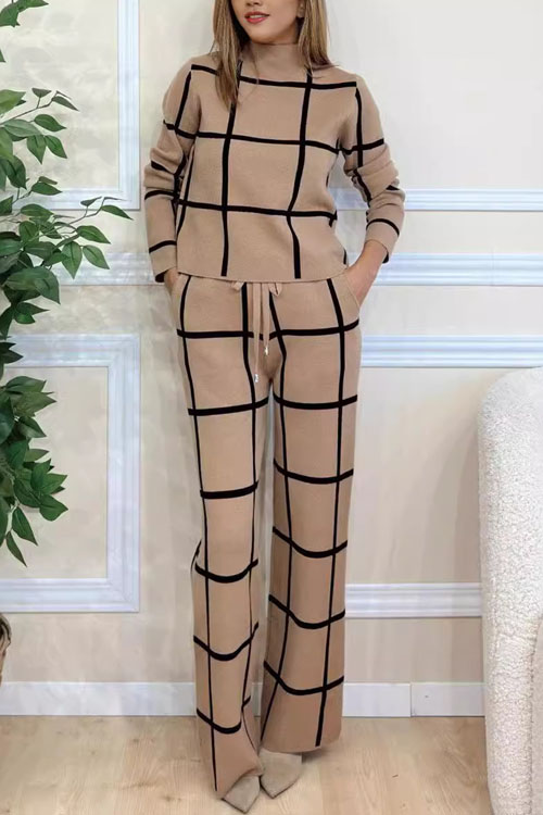 Nonnadress  Solid color high collar long sleeve plaid printed trousers suit