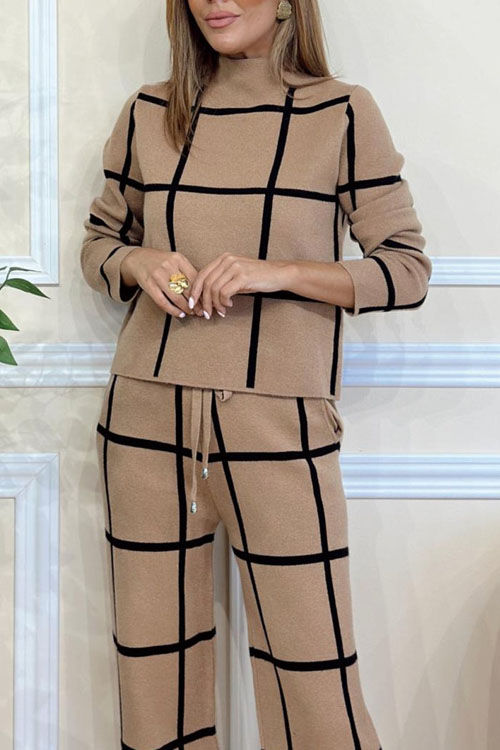 Nonnadress  Solid color high collar long sleeve plaid printed trousers suit