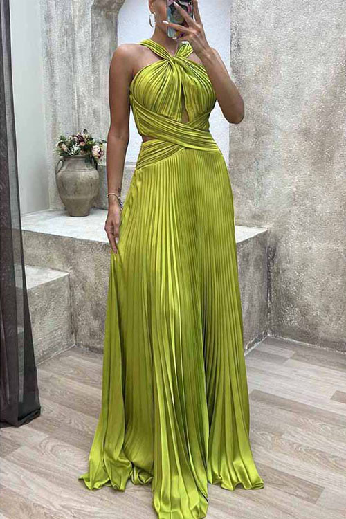 kathiadress Pleated Halter Slit Neck Party Dress