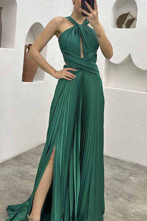 kathiadress Pleated Halter Slit Neck Party Dress