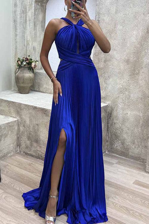 kathiadress Pleated Halter Slit Neck Party Dress