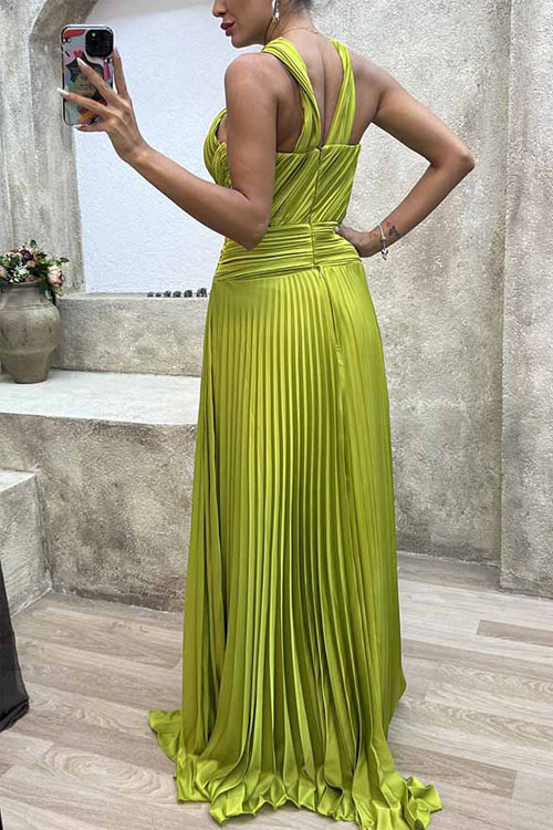 kathiadress Pleated Halter Slit Neck Party Dress