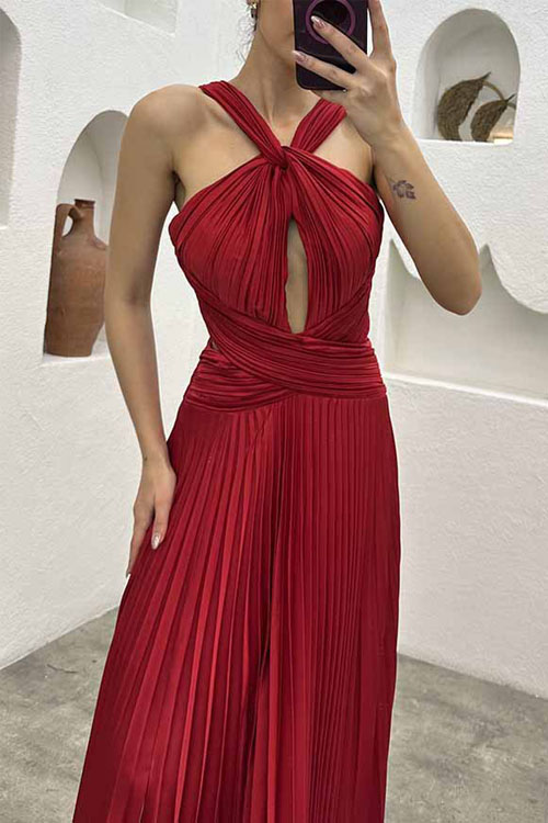 kathiadress Pleated Halter Slit Neck Party Dress