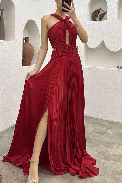 kathiadress Pleated Halter Slit Neck Party Dress