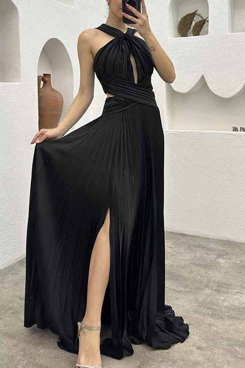 kathiadress Pleated Halter Slit Neck Party Dress