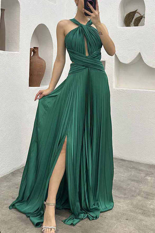 kathiadress Pleated Halter Slit Neck Party Dress