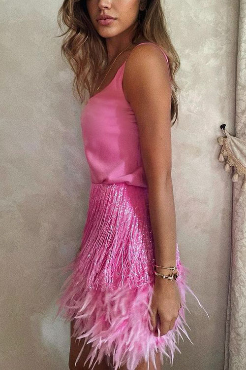 Kathiadress  Evening style two-piece suit with fringed feather dress