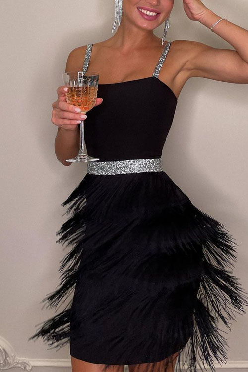 Kathiadress Date and dinner socialite style suspender fringed dress