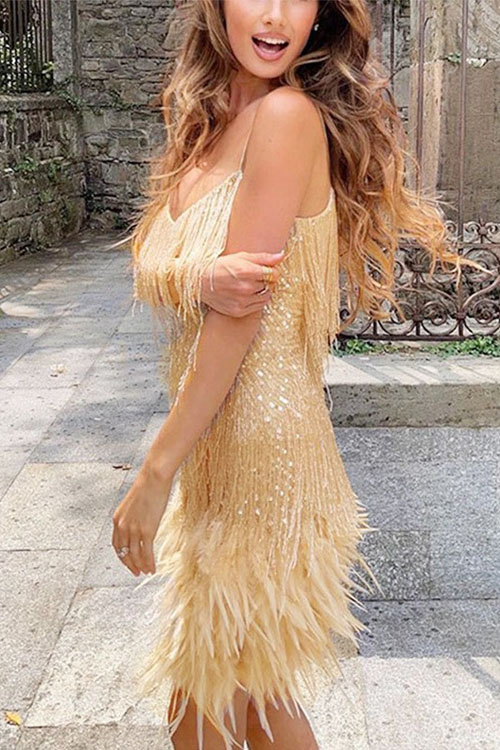 Kathiadress Tassel sequin party V-neck suspender cutout dress