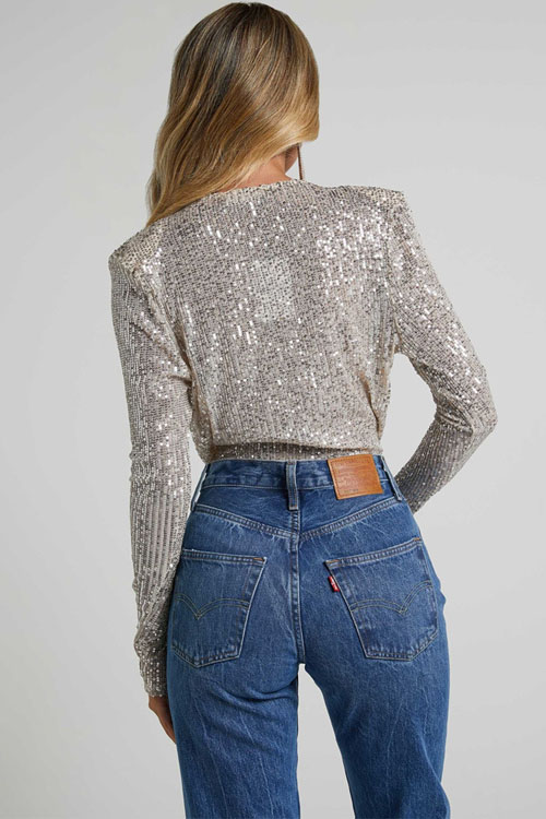 Nonnadress Deep V-neck long-sleeved shirt with sequined patchwork romper