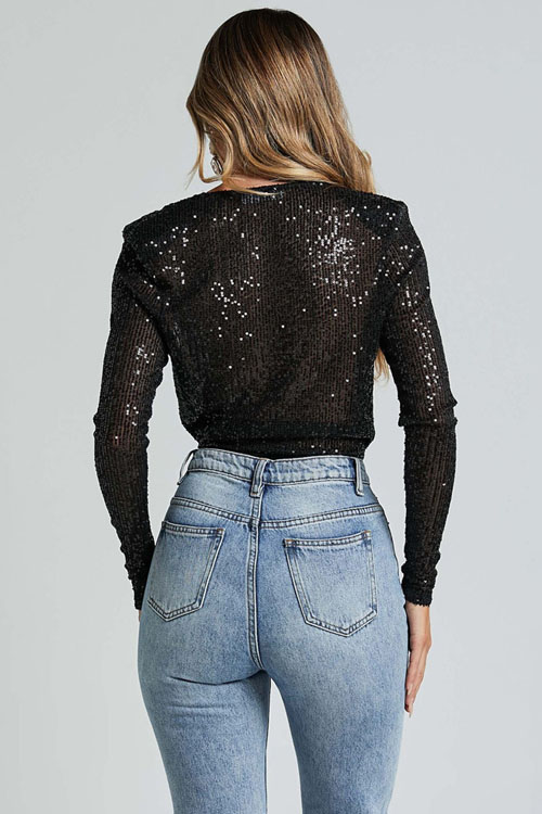 Nonnadress Deep V-neck long-sleeved shirt with sequined patchwork romper