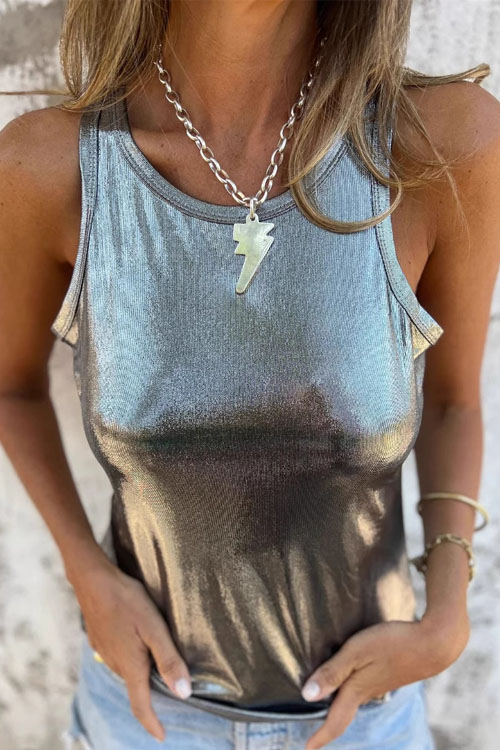 Nonnadress Metallic Round Neck Sleeveless Vest Top