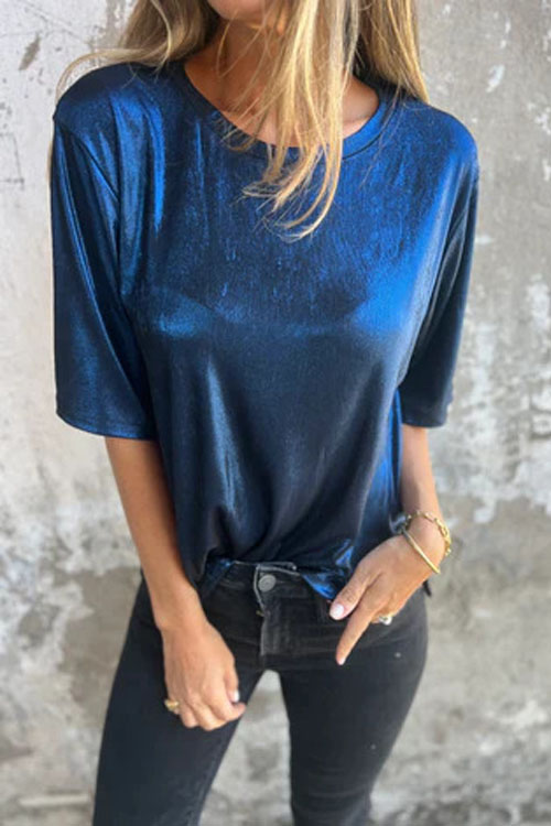 Nonnadress Loose Round Neck Metallic Short Sleeve T-Shirt