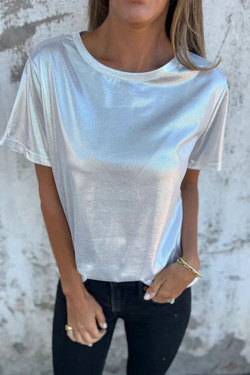 Nonnadress Loose Round Neck Metallic Short Sleeve T-Shirt