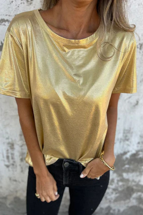Nonnadress Loose Round Neck Metallic Short Sleeve T-Shirt