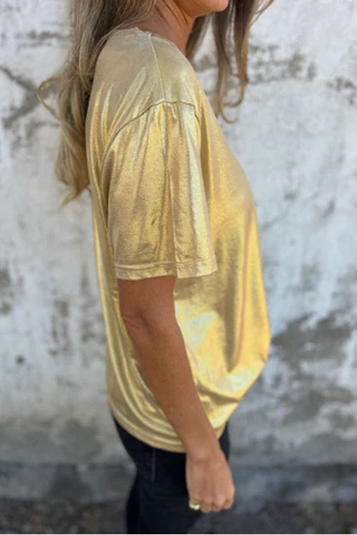 Nonnadress Loose Round Neck Metallic Short Sleeve T-Shirt