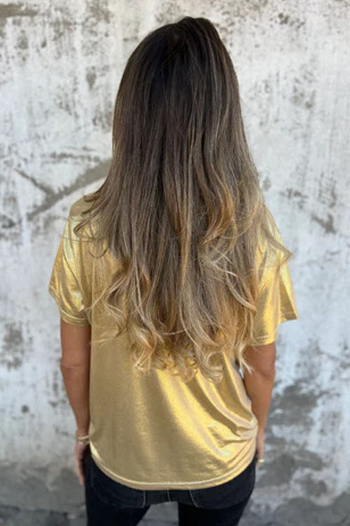 Nonnadress Loose Round Neck Metallic Short Sleeve T-Shirt