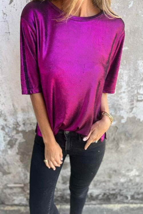 Nonnadress Loose Round Neck Metallic Short Sleeve T-Shirt