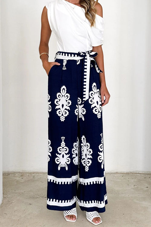 Nonnadress Positioning Printed Belted Wide Leg Straight Leg Pants