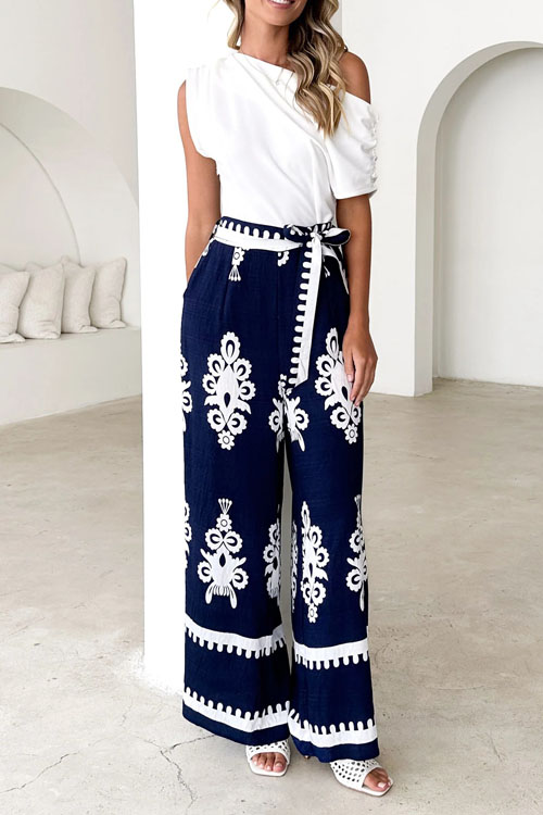 Nonnadress Positioning Printed Belted Wide Leg Straight Leg Pants