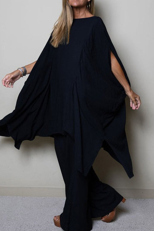 Nonnadress Solid Color Round-neck Loose Top with Relaxed Trousers Two-piece Set