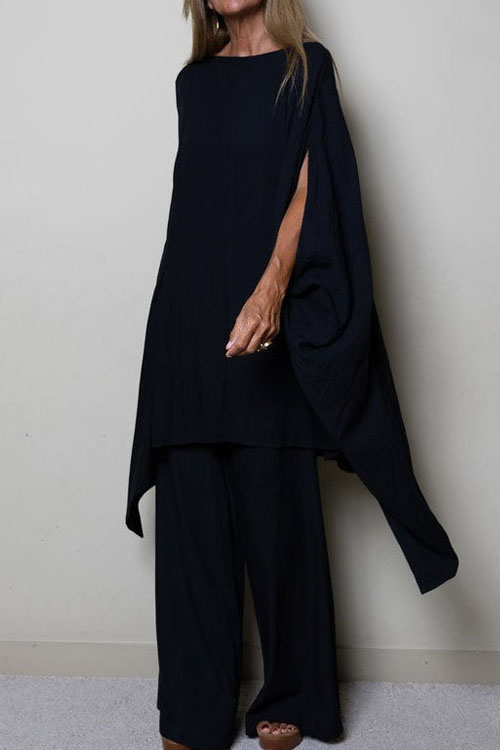 Nonnadress Solid Color Round-neck Loose Top with Relaxed Trousers Two-piece Set