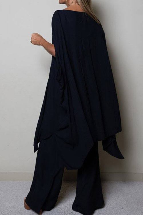 Nonnadress Solid Color Round-neck Loose Top with Relaxed Trousers Two-piece Set
