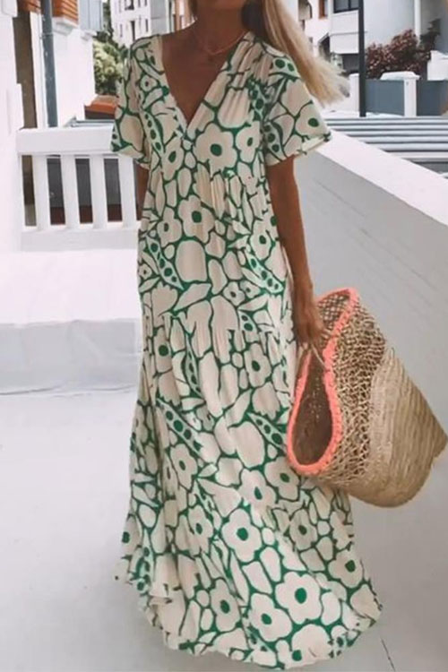 Nonnadress Printed Short-sleeve V-neck Long Dress
