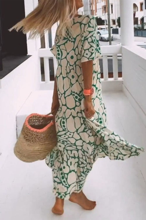 Nonnadress Printed Short-sleeve V-neck Long Dress