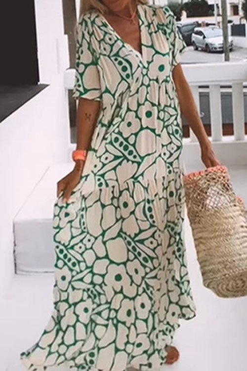 Nonnadress Printed Short-sleeve V-neck Long Dress