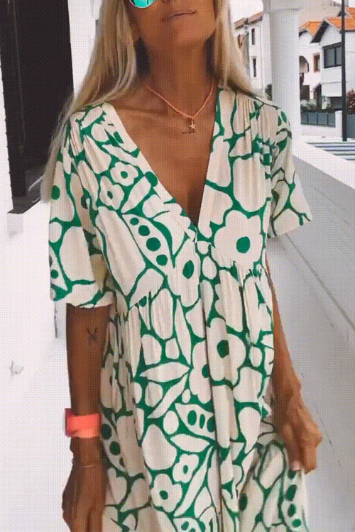 Nonnadress Printed Short-sleeve V-neck Long Dress