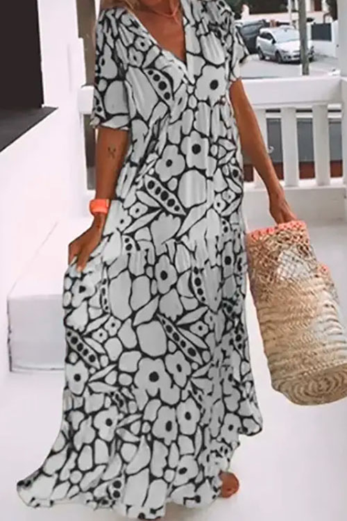 Nonnadress Printed Short-sleeve V-neck Long Dress