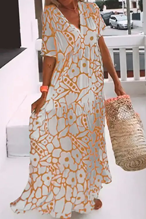 Nonnadress Printed Short-sleeve V-neck Long Dress