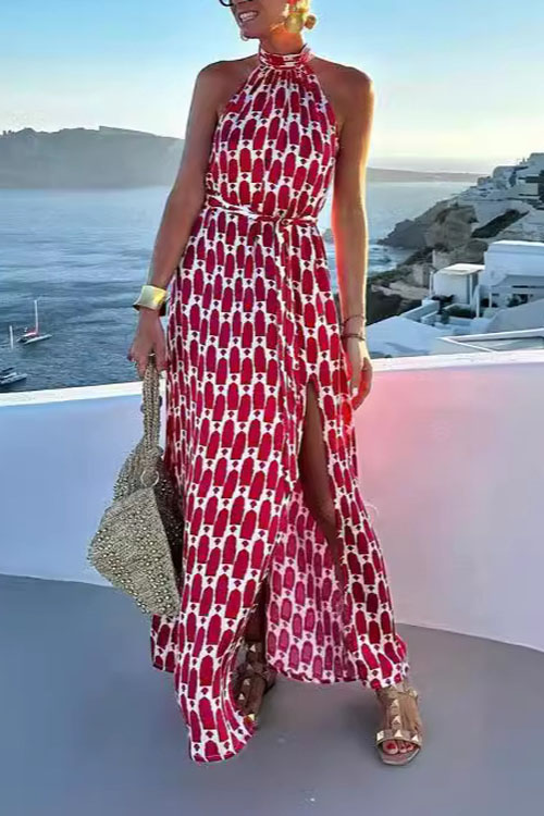 Nonnadress Printed Hanging Neck Hem Split Long Dress