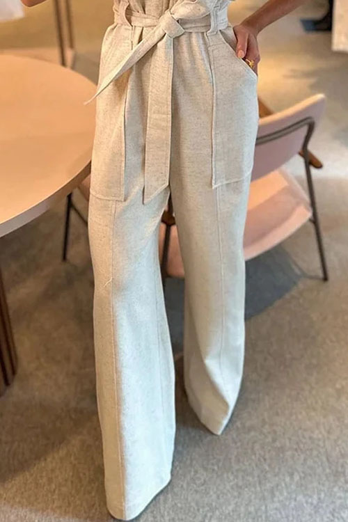 Nonnadress Stylish Polo Collar Belted Solid Color Wide-leg Jumpsuit