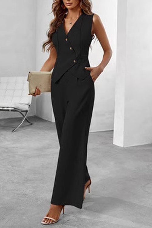 Nonnadress Solid Colour v-neck Sleeveless High Waisted Pants Set