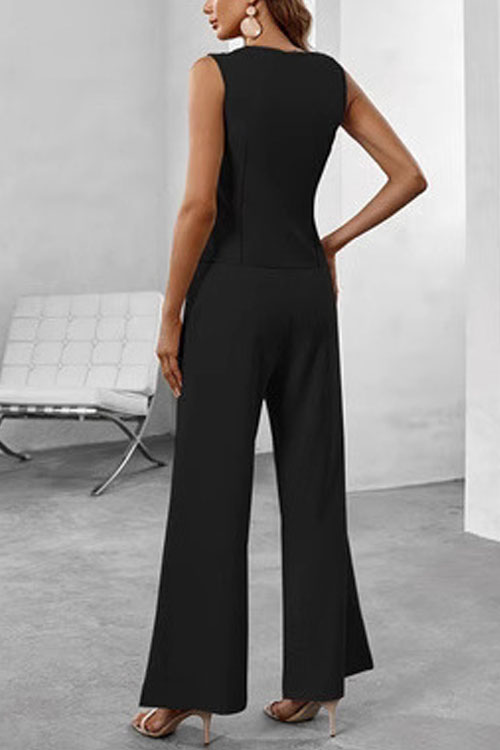 Nonnadress Solid Colour v-neck Sleeveless High Waisted Pants Set