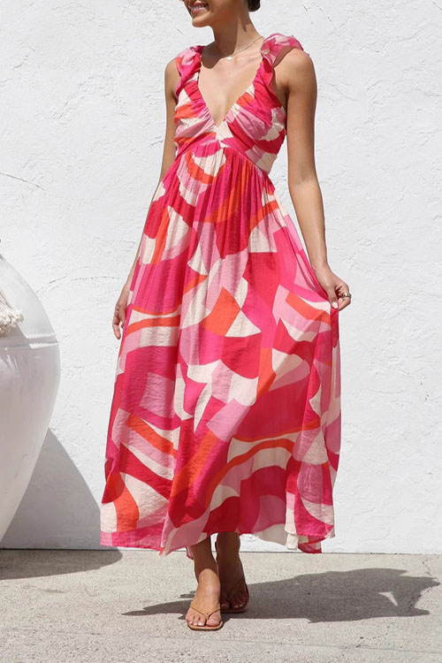 Nonnadress Printed Holiday V-Neck Big Swing Halter Long Dress