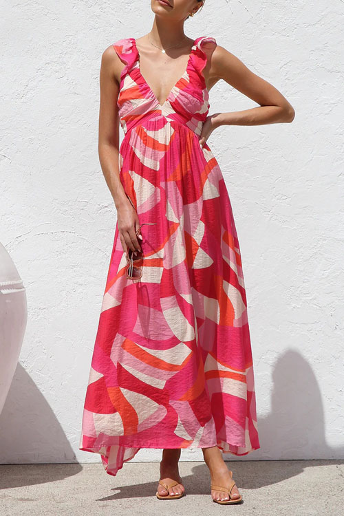 Nonnadress Printed Holiday V-Neck Big Swing Halter Long Dress