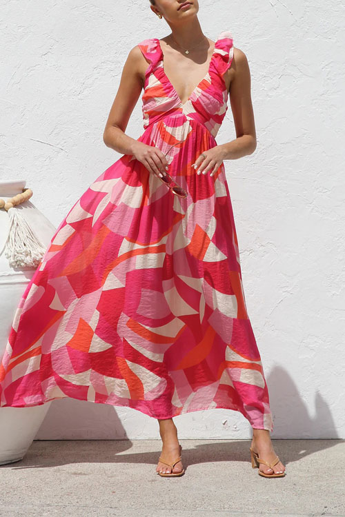 Nonnadress Printed Holiday V-Neck Big Swing Halter Long Dress