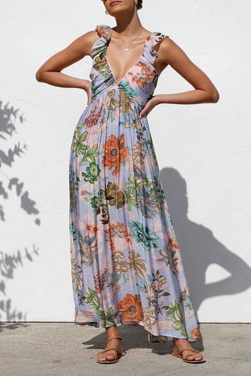 Nonnadress Printed Holiday V-Neck Big Swing Halter Long Dress