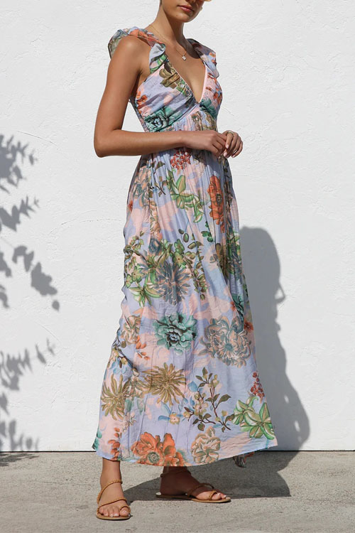 Nonnadress Printed Holiday V-Neck Big Swing Halter Long Dress