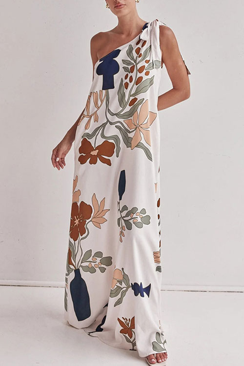 Nonnadress Slant Shoulder Printed Pocket Loose Dress